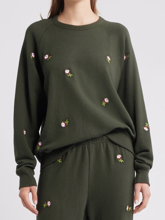 THE GREAT. Tops - THE GREAT. The College Embroidered Crew Neck Rose Sweatshirt in Woodland Green